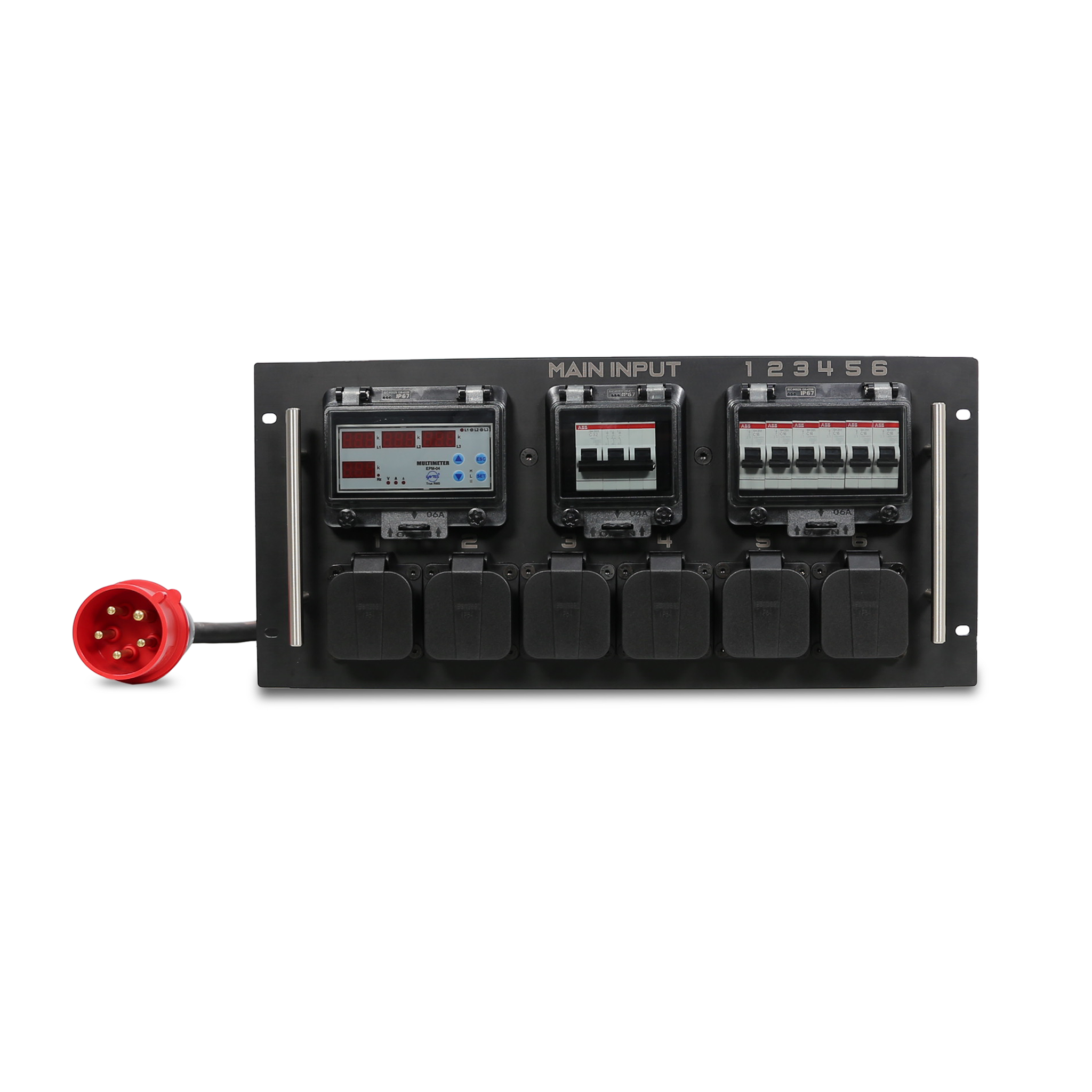 32A CEE 400V 5P In, 13A UK Type 240V Out, MCB, Rack Mount Distribution Box with Cable