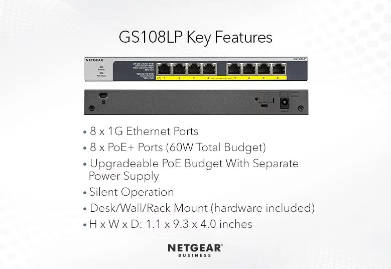 GS108LP 8-Port Gigabit Ethernet PoE+ Unmanaged Switch with FlexPoE (60W)