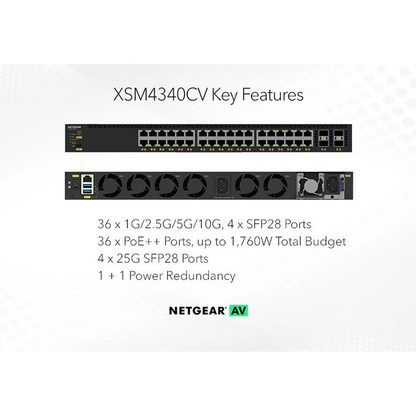 XSM4340CV - 36x10G/Multi-Gig PoE++ (280W base, up to 1,760W) and 4xSFP28 25G Managed Switch